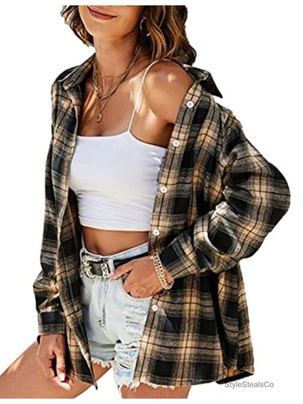 Oversized Flannel Button Down Shirt Women Long Sleeve Plaid